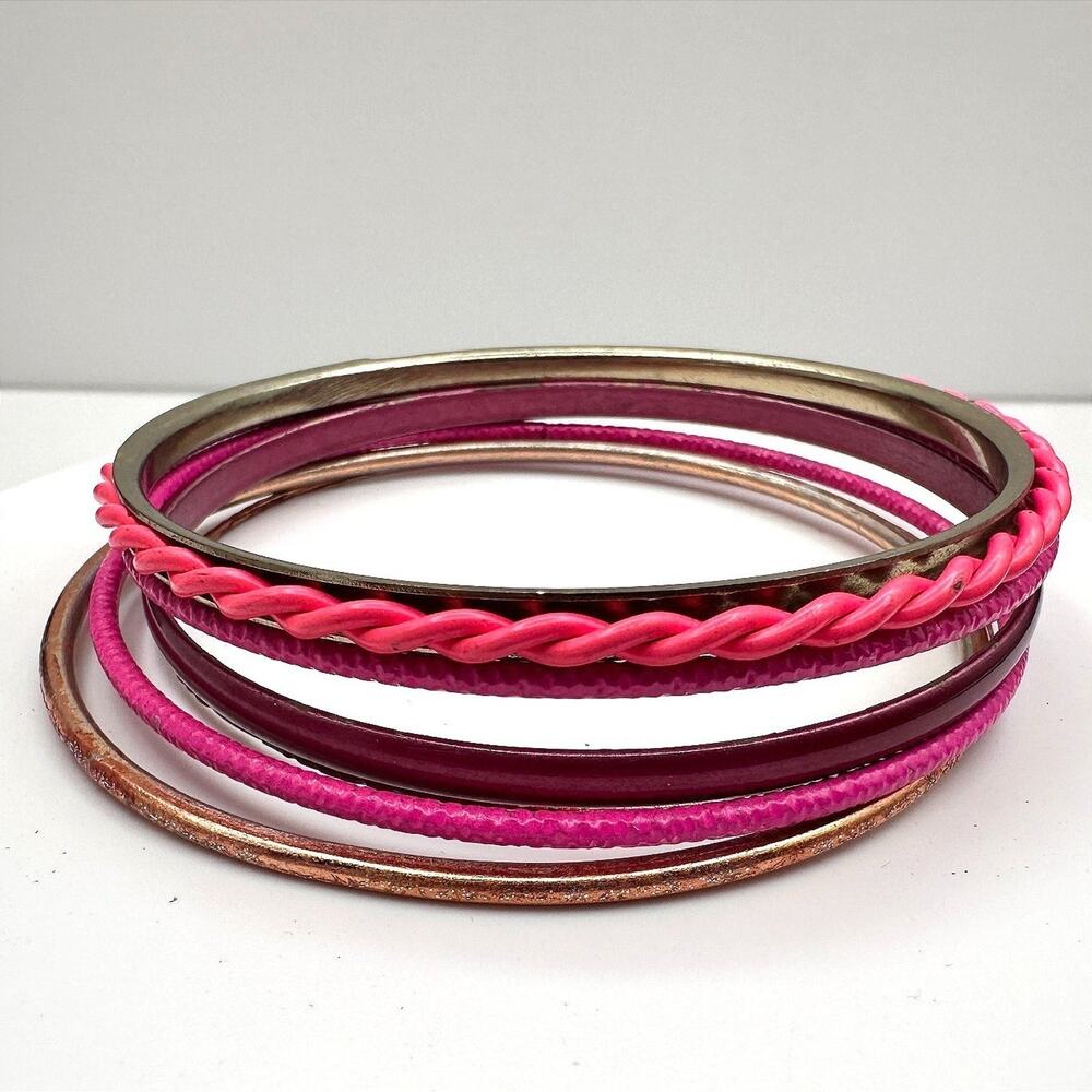 Vintage Pink Enamel Metal Bangle Bracelet Stack Set Chunky Statement 90s Boho